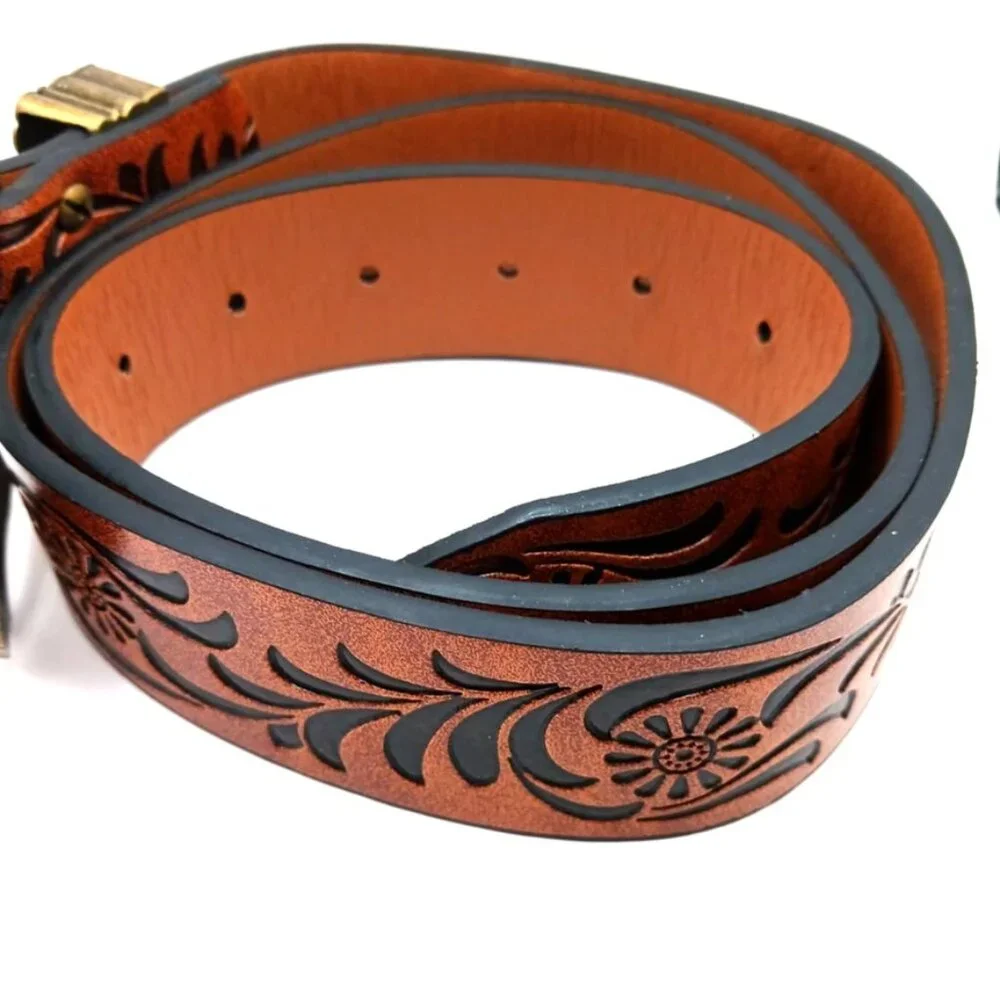 Western Womens Brown Leather Floral Belt Waist New